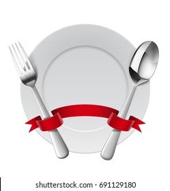 A fork, spoon with a red ribbon on the background of a plate. Vector illustration. Ready for your design. Can be used for logo, cafe, menu and etc.