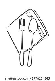Fork and spoon rest on a folded napkin with clean contour strokes and subtle pattern detail. Symbol of dining, hospitality, menu setup, and table etiquette. Cartoon vector illustration.
