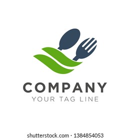fork and spoon restaurant logo design with green leaf