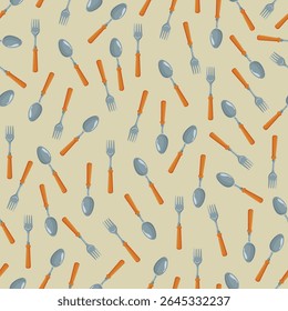 Fork and spoon seamless pattern. Flat vector clipart, illustration with isolated background.