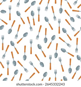 Fork and spoon seamless pattern. Flat vector clipart, illustration with isolated background.