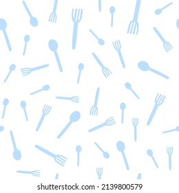 Fork and spoon seamless pattern in hand-drawn style. Blue print on white background. Vector illustration