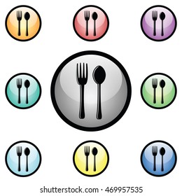 Fork & Spoon Silverware Icon Glass Button Set