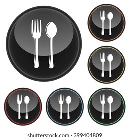 Fork and Spoon Silverware Icon Glossy Button Icon Set in With Various Color Highlights