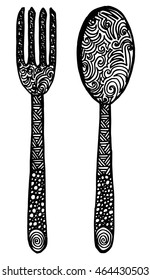 Fork and Spoon sketch set. Cutlery hand drawing collection. Catering engraved vector illustration. Restaurant symbol