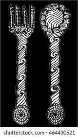 Fork and Spoon sketch set. Cutlery hand drawing collection. Catering engraved vector illustration. Restaurant symbol