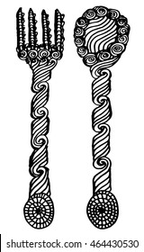 Fork and Spoon sketch set. Cutlery hand drawing collection. Catering engraved vector illustration. Restaurant symbol