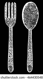 Fork and Spoon sketch set. Cutlery hand drawing collection. Catering engraved vector illustration. Restaurant symbol