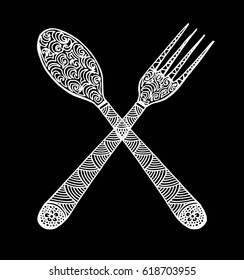 Fork and spoon sketch set. Cutlery hand drawing collection. Catering engraved vector illustration. Restaurant symbol