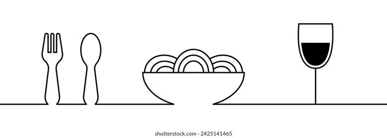 Fork, spoon, spaghetti bowl, boiled pasta, long macaroni, wine glass. One single line drawing vector art for restaurant, cafe, canteen, food pub, food establishment. Menu design illustration.