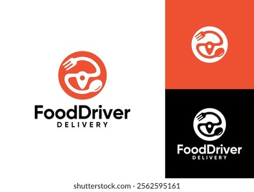 fork spoon with steering wheel car logo. food delivery restaurant pin location transportation symbol vector design concept