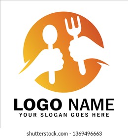 Fork and spoon symbol, logo of the hand holds the cutlery with circle shape, restaurant logo or place to eat