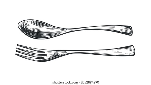 Fork spoon table setting food. Design element for restaurant or cafe menu. Hand drawn sketch vintage vector illustration