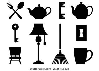 Fork spoon teapots keys lamp broom chair cup cutlery