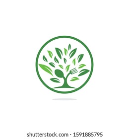 Fork and spoon tree logo design for restaurant or cafe. Fresh food logo design concept with tree shape made from fork and spoon.	