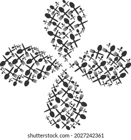 Fork and spoon twirl flower cluster. Object cluster done from oriented fork and spoon symbols. Vector flower collage in flat style.