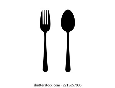 Fork and spoon vector icon black cutlery flat simple design isolated on white background. Top view dark silhuette tableware - spoon and fork  shapes. Vector kitchenware symbol illustration.