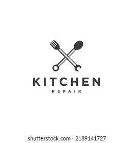 Fork And Spoon With Wrench, Kitchen Repair Food Cafe Restaurant Logo Icon Sign Design Concept. Vector Illustration