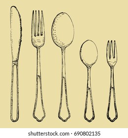 Fork spoons and knife hand drawing. Vector sketch