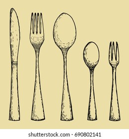 Fork spoons and knife hand drawing. vector illustration