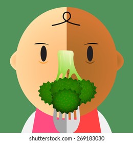 The fork stab the green broccoli and show in front of baby face at the mouth position make by half color style vector on green vintage background (EPS10 art vector)