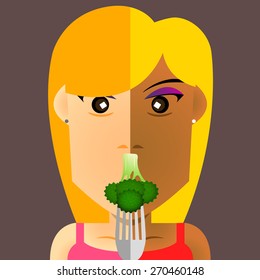 The fork stab the green broccoli and show in front of the cute girl face at the mouth position make by half color style vector on (EPS10 art vector)