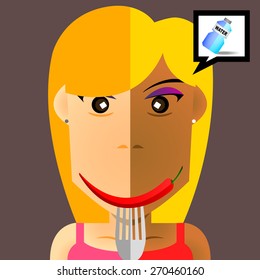 The fork stab the red chili and show in front of cute girl  face at the mouth position make by half color style vector(EPS10 art vector)