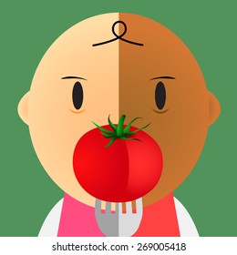 The fork stab the red tomato and show in front of baby face at the mouth position make by half color style vector on green vintage background (EPS10 art vector)