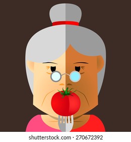 The fork stab the red tomato and show in front of old woman face at the mouth position make by half color style vector (EPS10 art vector)