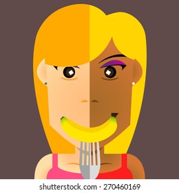 The fork stab the yellow banana and show in front of the cute girl face at the mouth position as smile face make by half color style vector(EPS10 art vector)