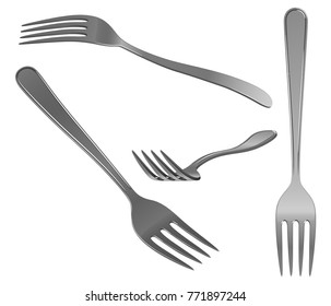 Fork in stainless steel, in different angles, on a white background