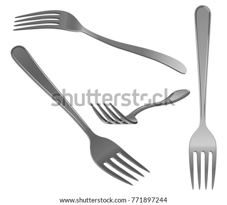 Fork in stainless steel, in different angles, on a white background