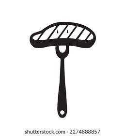 A fork with a steak isolated on a white background with copy space