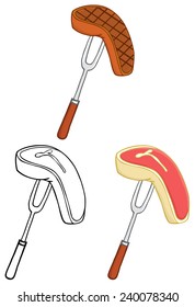 Fork With Steak. Vector Collection Set