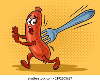 fork stuck in running cartoon sausage op art retro vector illustration. Comic book style imitation.