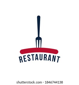 Fork stuck in sausage. Isolated icon on white background. Vertical flat cartoon style vector logo concept for restaurant and bbq