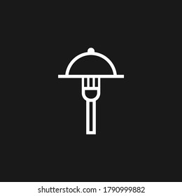 A fork supporting a food cloche with hood, logo.