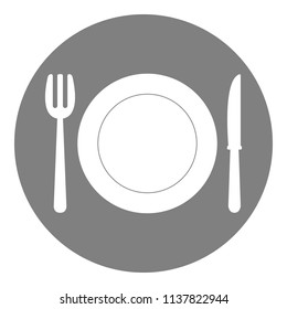 Fork, table knife and dish. Vector icon.