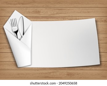 Fork and table knife with napkin on a wooden table. Vector background with copy space