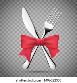 Fork with a table knife and a red ribbon with a bow. Isolated on a transparent background. Vector illustration.