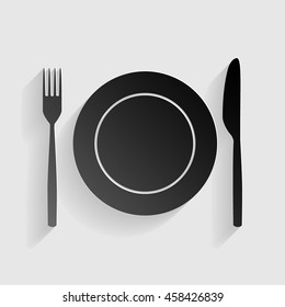 Fork, tape and Knife sign. Black paper with shadow on gray background.