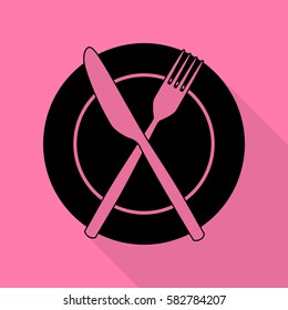 Fork, tape and Knife sign. Black icon with flat style shadow path on pink background.