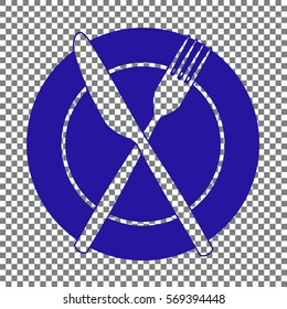 Fork, tape and Knife sign. Blue icon on transparent background.