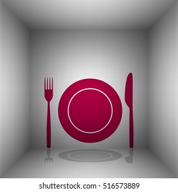 Fork, tape and Knife sign. Bordo icon with shadow in the room.
