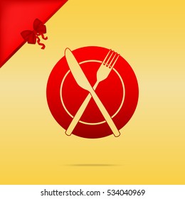 Fork, tape and Knife sign. Christmas design red icon on gold background.