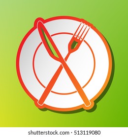 Fork, tape and Knife sign. Contrast icon with reddish stroke on green backgound.