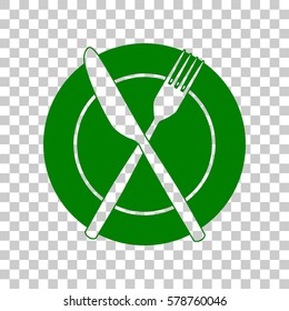 Fork, tape and Knife sign. Dark green icon on transparent background.
