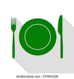 Fork, tape and Knife sign. Green icon with flat style shadow path.