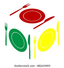 Fork, tape and Knife sign. Isometric style of red, green and yellow icon.