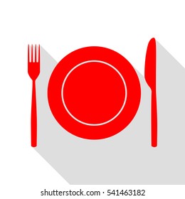 Fork, tape and Knife sign. Red icon with flat style shadow path.